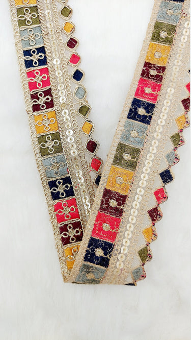 Gold Sequin Border With Multicoloured Floral Embroidery, Beige Shimmer Lace Trim, Decorative Trim